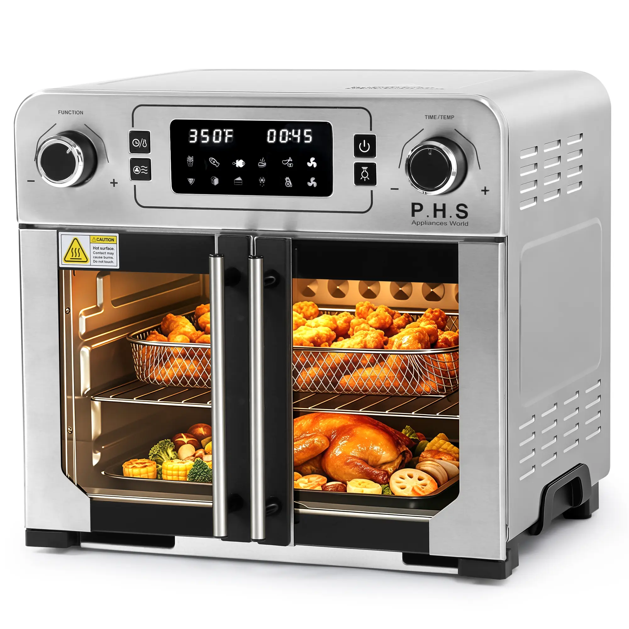 New PHS 24.3-QT (23L) Stainless Steel French Door Countertop Air Fryer Oven, Smart 1-Touch Controls, Long-Duration Timer, 25% Faster Cooking, 90% Less Oil, Elegant Convection Fan, Ideal for Gatherings & Seasonal Gifts