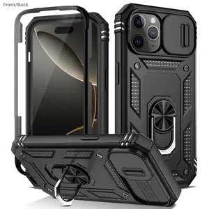 for iPhone 17 16 15 14 13 12 11 Pro Max Shockproof Armor 360° Rotating Metal Magnetic Ring Stand Phone Case with Sliding Lens Cover Protection Phone Protective Cover Shockproof Protector
