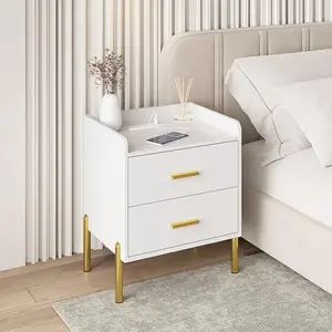 [SummerVibes] Vabches 2-Drawer White Mid-Century Modern Nightstand with Charging Station, USB Ports & Outlets - Farmhouse Storage End Table for Bedroom, Living Room Tables