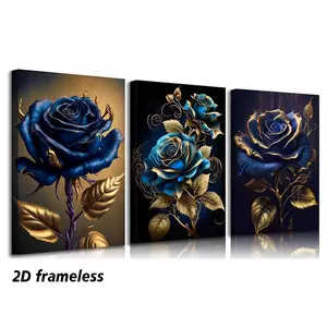 3-piece set, blue and gold rose canvas wall art, elegant blooming rose modern floral paintings, wall decor, abstract floral poster, suitable for home decor in offices, bedrooms, bathrooms, and living rooms, 2D frameless
