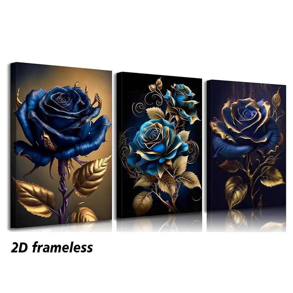 3-piece set, blue and gold rose canvas wall art, elegant blooming rose modern floral paintings, wall decor, abstract floral poster, suitable for home decor in offices, bedrooms, bathrooms, and living rooms, 2D frameless