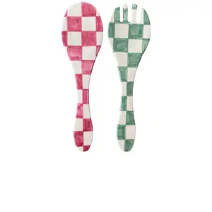 Vaisselle Yummy Serving Utensils & Spoon Rests in Fucsia & Sage Checkerboard