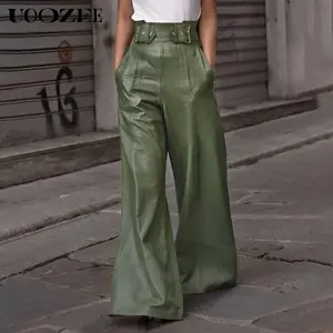 UOOZEE Women's High-Waisted Elegant Faux Leather PU Wide-Leg Flare Pants - Basic Style with Pockets, Pleated Bottoms, Ideal for Matching Tees or Blouses for Going Out