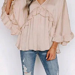 Flounce Sleeve Boho Top Casual V-Neck V-Neck Plain