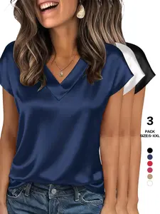 2026 Spring Summer Women's Satin V Neck Blouse, Short Sleeve Dolman Sleeve Silky Work Shirt, Loose Fit Elegant Business Casual Top for Office & Daily Elegance