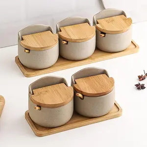 Antique Ceramic Seasoning Bowl Set with Spoon & Flip Lid for Sugar Salt & Spice Storage Lightweight Tea Container Home Kitchen Organiser Housewarming Gift Bottles Jar Canister