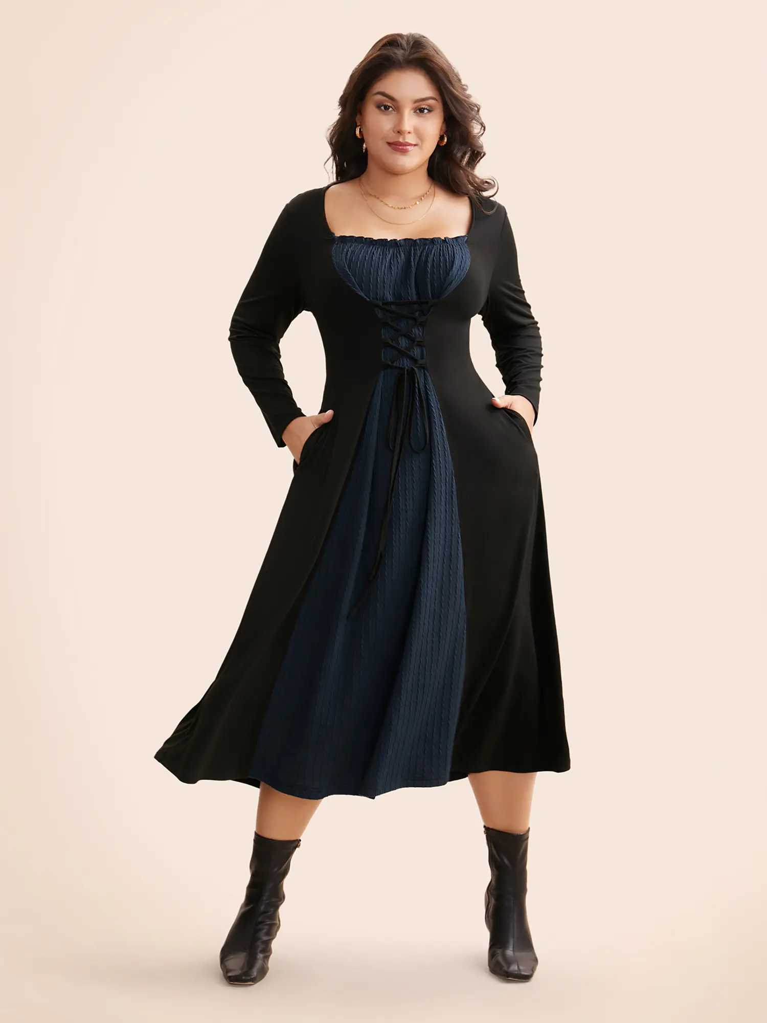 BloomChic Women's Retro Casual Long Sleeve Midi Dress - Textured Patchwork Polyester-Spandex Garment, Square Neck, Crisscross Straps, Frill & Patchwork Trim, Side Seam Pockets, Low Iron, Regular Sleeve, Ready to Wear, Summer Casual Finds