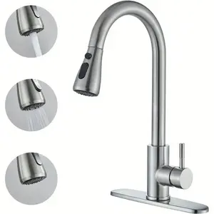 Stainless Steel Commercial Brushed Kitchen Faucet with Pull-Out Sprayer, Includes 2 Water Supply Hoses, Ideal for Bathroom, Laundry Room, Bar Counter, Installation
