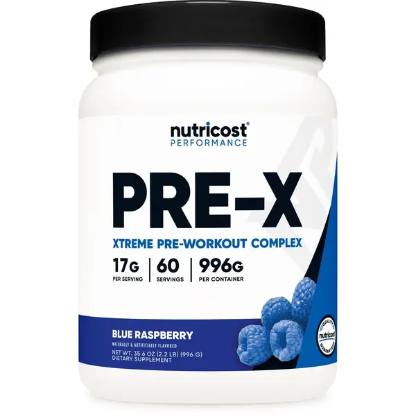 Nutricost Pre-X Xtreme Pre-Workout Complex Powder - Organic Edible Blue Raspberry Flavor, 60 Servings, Sucralose-Free, CDP Choline-Infused, NSF Certified, Blendable Energy Boost Supplement with Alpha GPC 50%, Blue Spirulina (Color), for Athletic Adults, B