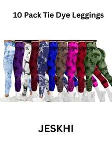 Women's 10-Pack Tie Dye Allover Bright Print Colorful High-Rise Long Leggings, High Waisted Rear Lifting Tummy Control, Soft Squat-Proof for Yoga, Gym Athletic Workouts, Tie Dye Leggings, Allover Print Leggings