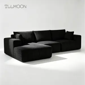 TLLMOON Boneless Modular Sectional Boneless Floor Sofa - Viral DIY L-Shape Left-Facing Chaise, Sturdy Deep Seat, Corduroy-Cotton Upholstery, Sponge Cloud Sofa for Living Room Apartment Indoor Use (Black, Unboxing Ready)