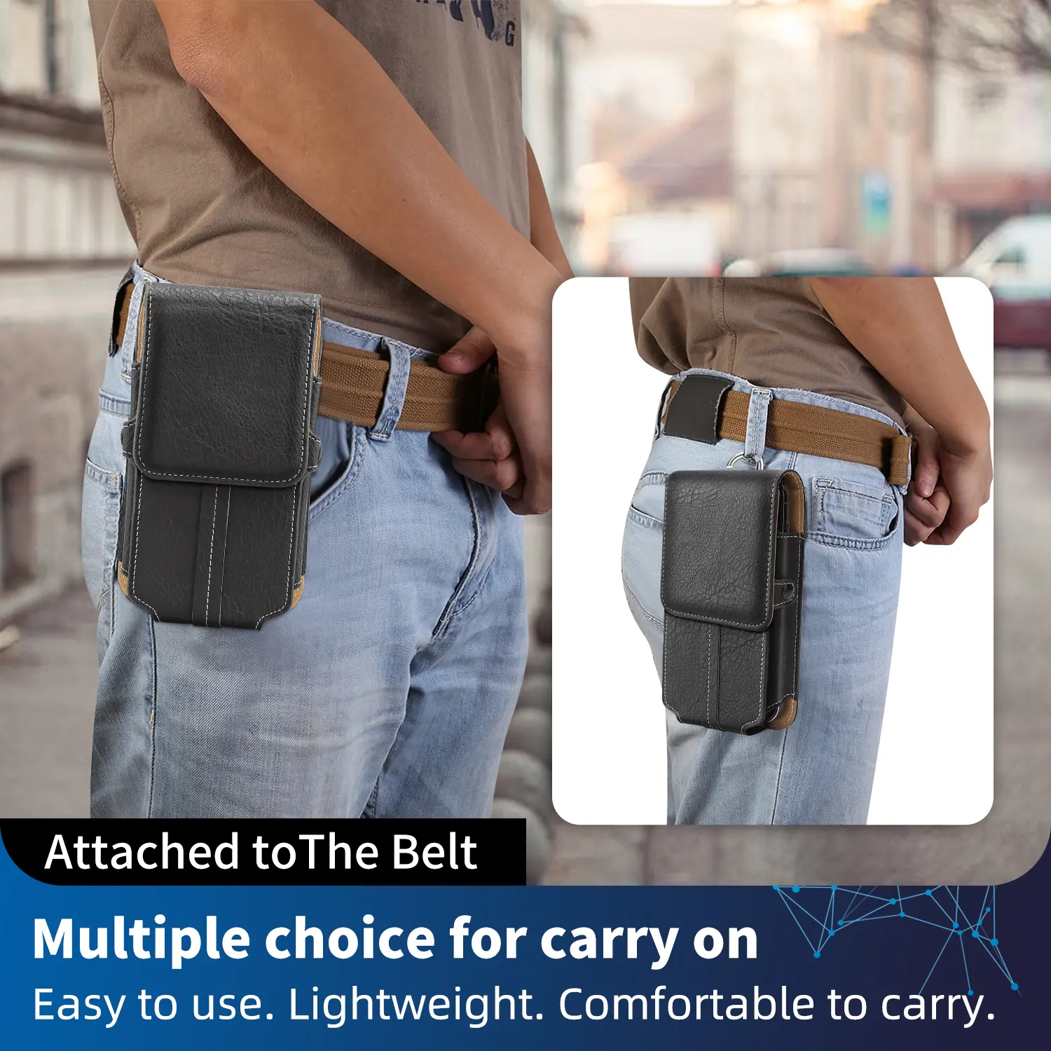 Classic Edge Enamel Double Layer Genuine Leather Waist Phone Holster with Belt Clip, Carabiner, Magnetic Snap, Durable, Lightweight, Fits 5.2-7 in Smartphones, Compatible with iPhone, Samsung Galaxy, Motorola, Waist Wear for Hiking/Outdoors, Daily Use, Fi