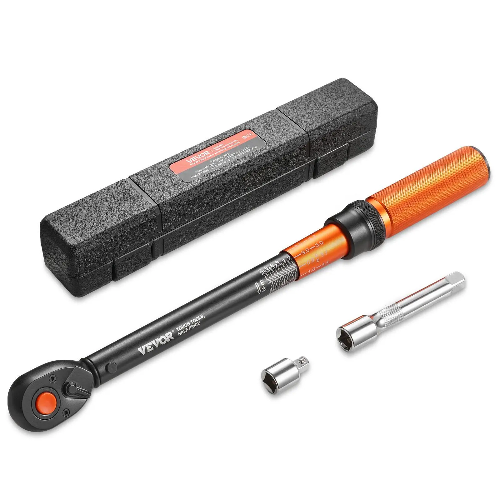 VEVOR 1/2-Inch Drive Click Ratchet Socket Torque Wrench, Cr-Mo Steel, 20-220 N.m/14.8-162.4 lbf-ft High-Contrast Dual-Scale Dial, ±3% Precision, 72-Tooth Bi-Directional Drive, with Extension Bar, Adapter & Storage Case for Automotive, Bicycle Repair, Ratc