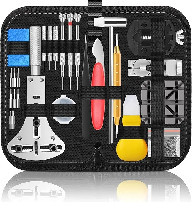 Watch Link Removal Kit, Watch Repair Tool Kit, Battery Replacement Tool Kit, Strap Adjustment, Case Opener, Spring Bar Tools, Pin Remover, Screwdriver, Watch Back Remover Holder, Tweezers, Suitable for Battery Replacement and Strap disassemble Leather
