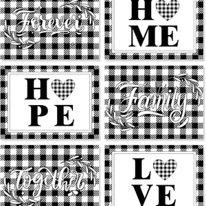 2D flat printing, Love Family 6-piece water buffalo checkered table mat set, black and white checkered table mat washable Love Home checkered table decoration suitable for indoor and outdoor party kitchen dining