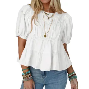 Beotyshow Womens Puff Sleeve Peplum Babydoll Tops Summer Smoked Pleated Cotton T-Shirts Casual Loose Fit Flowy Blouse