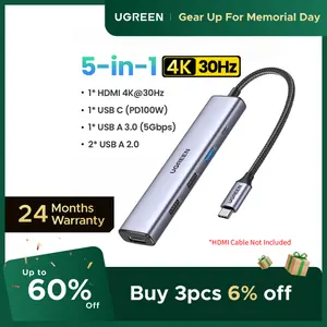 UGREEN USB C Hub 5 in 1 Multiport Adapter（HDMI Cable Not Included) Revodok 105 4K HDMI, 100W Power Delivery, 3 USB-A Data Ports, USB C Dongle for MacBook Pro/Air, iPad Pro, iMac, iPhone 16 Pro/Pro Max, XPS, Thinkpad,tiktokshopmemorialday