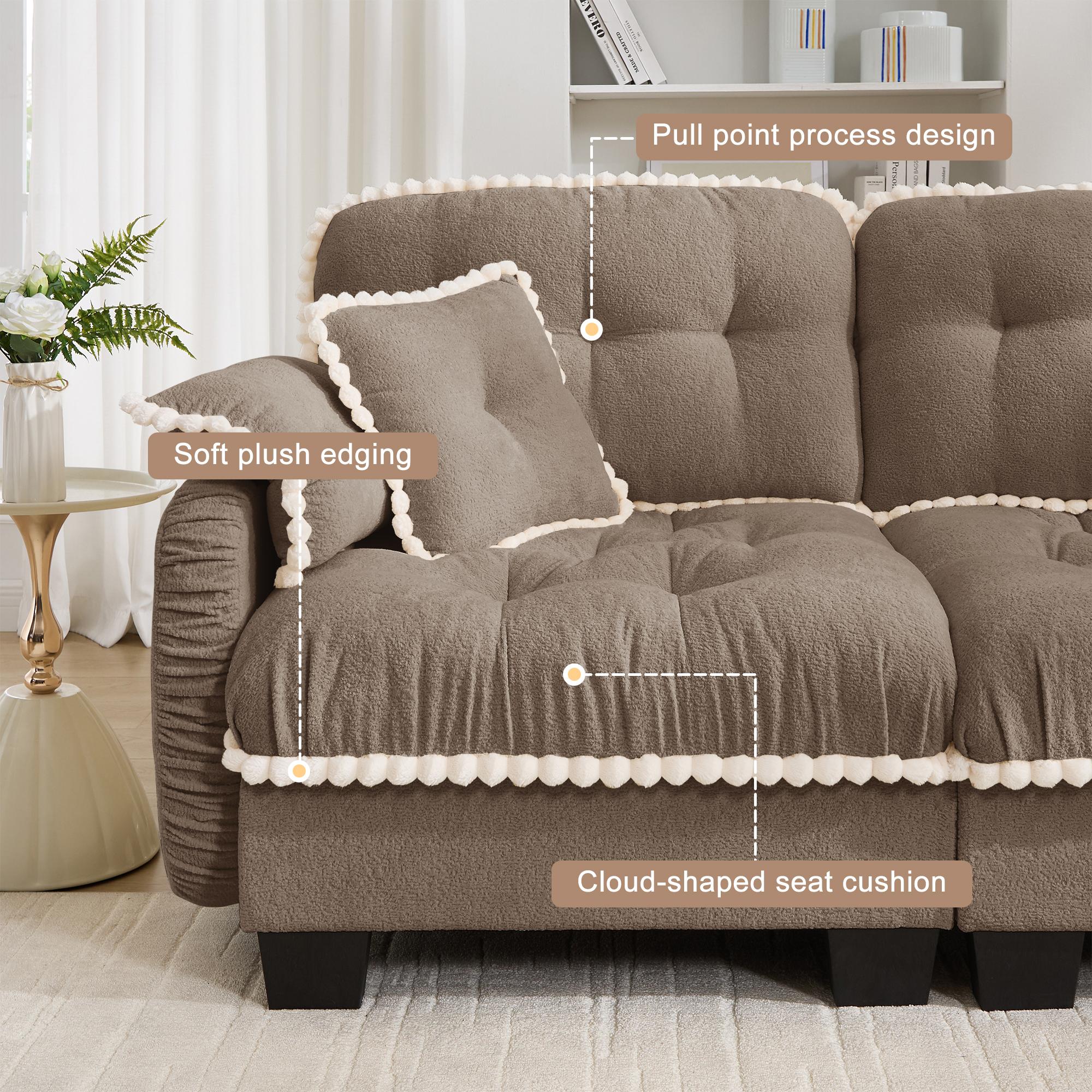 Eyisean 100.7in Chenille Modern Modular Sectional Sofa Furniture - 3-Seater U-Shaped Comfy Couch with Fixed Arms, Armrest Pillow, Back Cushion, 2 Movable Ottomans, Pom-Pom Trim Quilted Tufted Deep Seat, Ergonomic for Living Room Decor, Small Spaces, Ottom