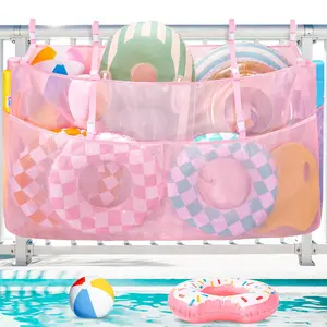 Large Mesh Pool Float Storage Bag, Organizer for Pool Toys, Noodles, Inflatables, Fence Hanging Outdoor Storage for Backyard Patio, Pink Mesh Bag for Swimming Accessories