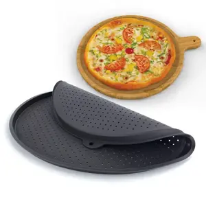 Round Silicone Pizza Mat, Non-Stick High-Density Pores Holes, Heat-Resistant Reusable, Ventilated Even Heating, Handle Anti-Slip, Easy Clean, Kitchen Baking Tool
