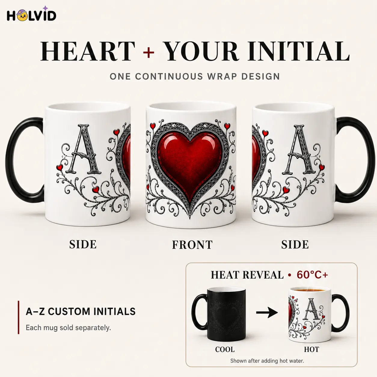Shimmering Heart Initials A-Z Personalized Mug, Thermosensitive Ceramic Mug, Magic Color-Changing Heart Handle Mug, Initial Letter Gift, Custom Love Gift, 11 Oz Sohochic