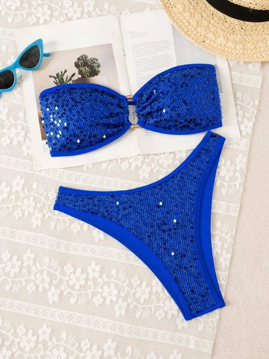 Women's Summer Solid Color Sequin Bandeau Bikini Set - Tie Front Top, Bow Detail, Sequin Fabric Beach Wear for Beach Vacation