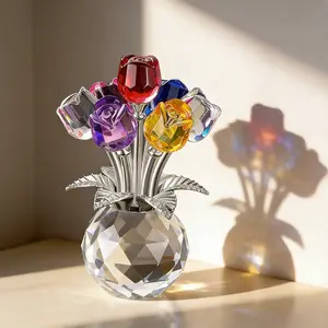Artificial Crystal Rose Flower Ornament, Creative Rose Statue, Decorative Artificial Rose Bouquet, Glass Rose Romantic Gift