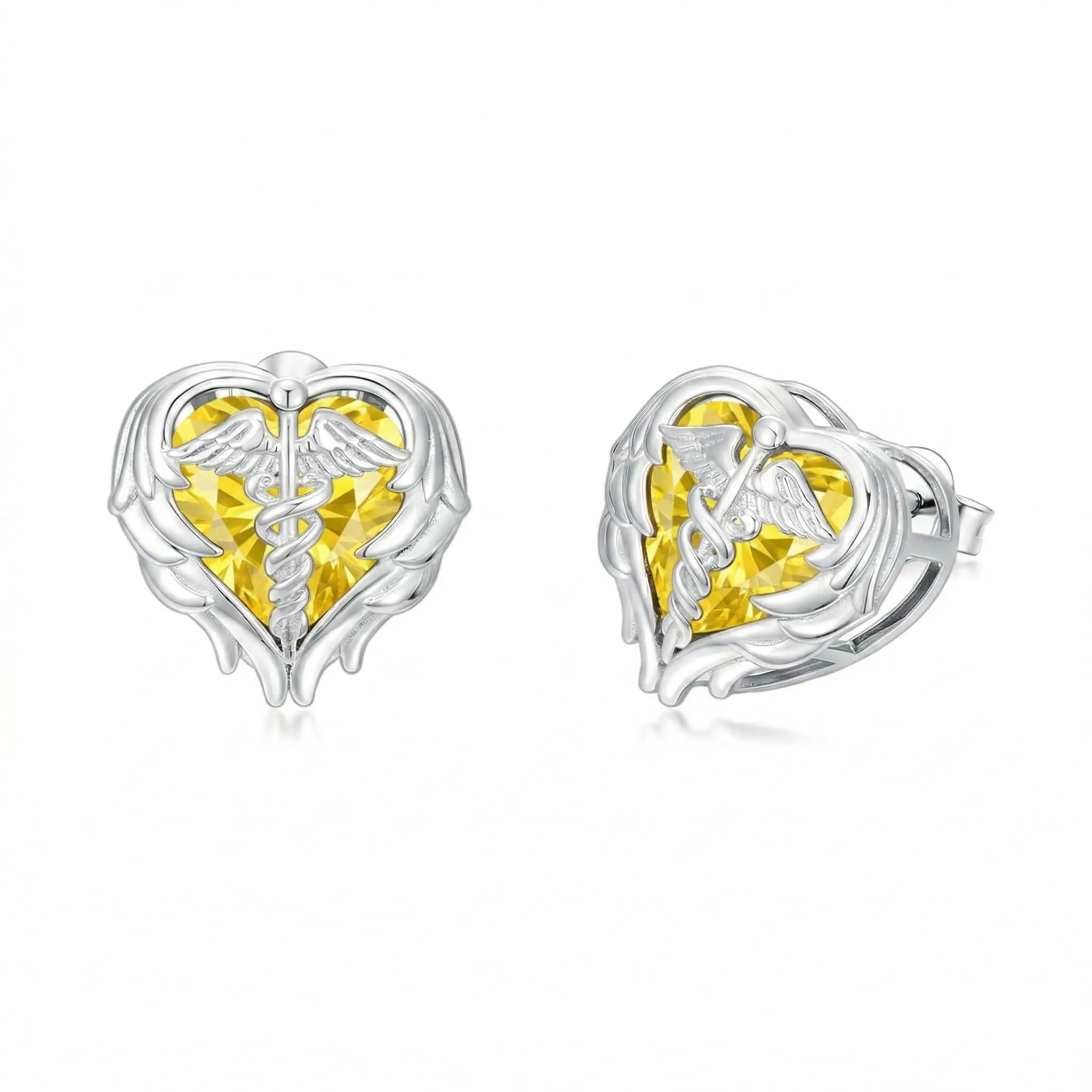 Caduceus Nurse Earrings 925 Sterling Silver Nurse Angel Wing Heart Earrings Nursing Graduation Jewelry Gifts for Women Doctor Medical Student-Citrine Yellow