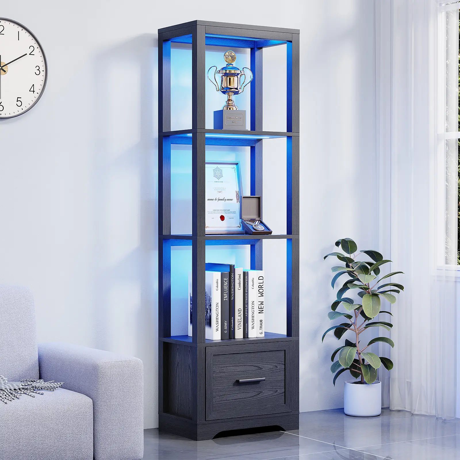 BROTTAR Black Open Display Shelf – Built-in Light, Display Box, Drawer Storage, High-Tech Unit with 3 Color Lights, Human Body Sensor, Drawer for Collectibles, Built-In Light Cabinets, Display Box Cabinets