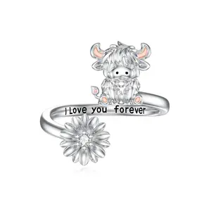 S925 sterling silver Alpine cow open ring Adjustable design for gift giving or personal use to show your taste Perfect fashion jewelry gift animal  ring cushion  cut  ring