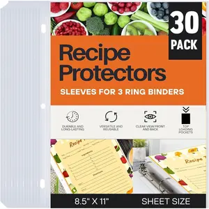 Archival-Grade Recipe Sheet Protectors | Clear Plastic Sleeves for 8.5 x 11 Paper | Reinforced 3-Hole Punch for Binders | Spill-Resistant Document Covers | 30-Pack