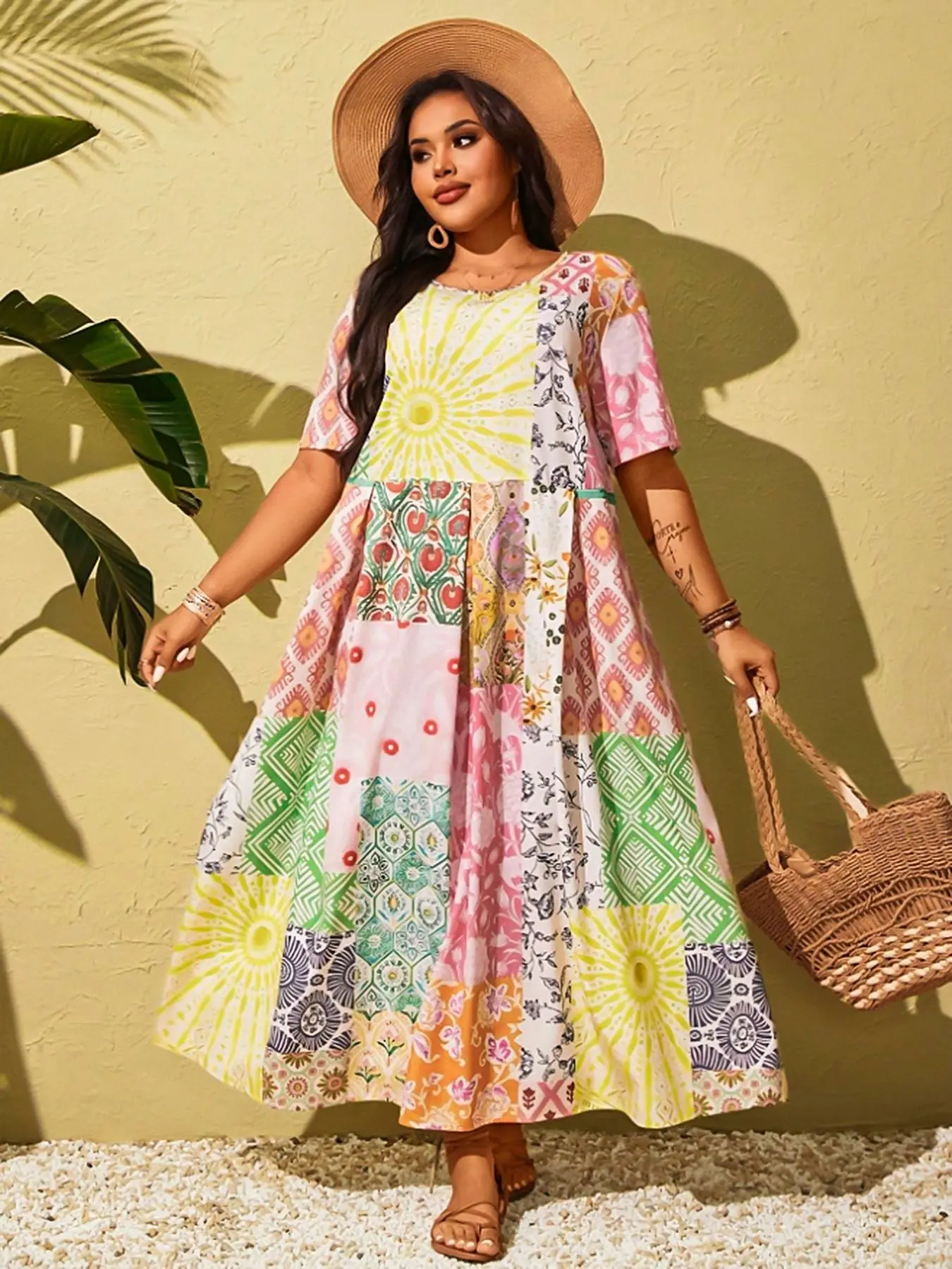 Women's Plus Size New Boho Patchwork Dress, Stylish Casual Wear, Comfortable Fit, Perfect for Daily, Spring Trendy Fashion Clothing, Boho Style Dresses