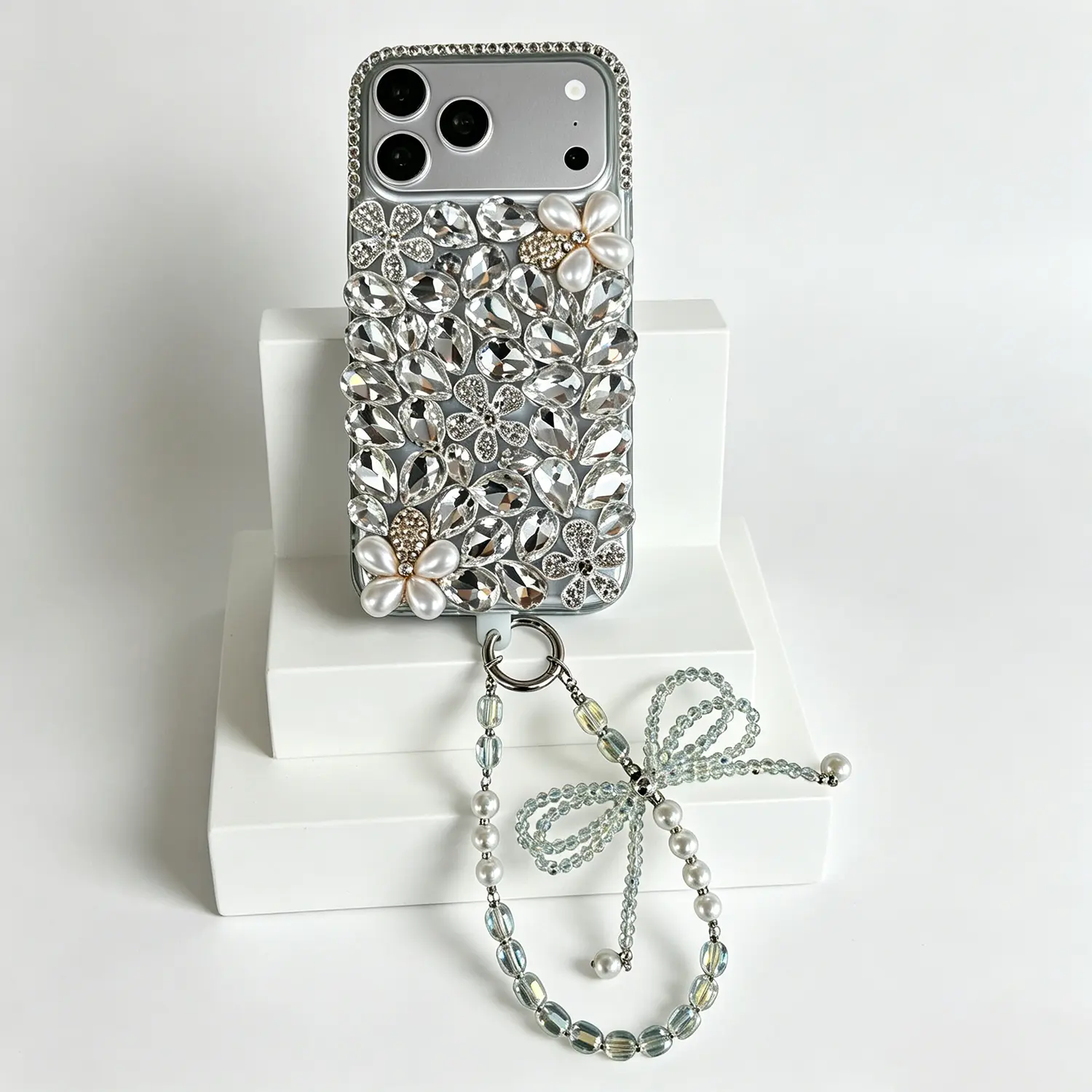 Women's Handmade Bling Flower Crystal Phone Case for iPhone 17 Pro Max - Clear Diamond Cover, Bow Beaded Strap, Ultra Sparkly Elegant Protective Case