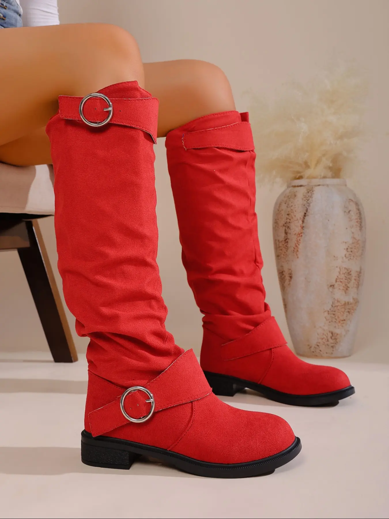 Women's Ultra-Wide Calf Knee-High Slouch Boots, Wide Version Thick Sole Flat Heel Long Boot, Comfortable Slip-On Metal Buckle Design, Elegant Boots