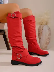 Women's Ultra-Wide Calf Knee-High Slouch Boots, Wide Version Thick Sole Flat Heel Long Boot, Comfortable Slip-On Metal Buckle Design, Elegant Boots