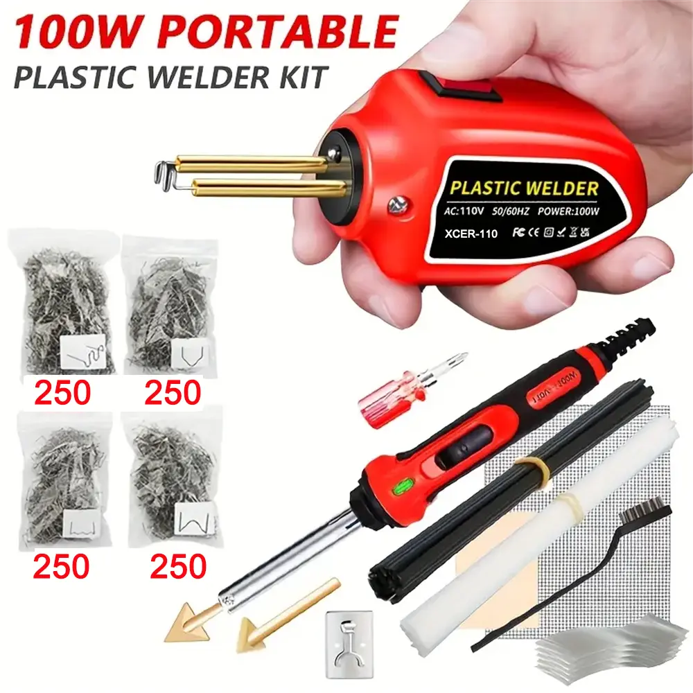 2 In1 Plastic Welder+Soldering Iron Kit 100W Portable Mini Electric Plastic Welder With 1000pcs Welding Nail Multifunctional Repair Soldering Iron Pen For Repair Auto Bumper Plastic Crack, Without Battery