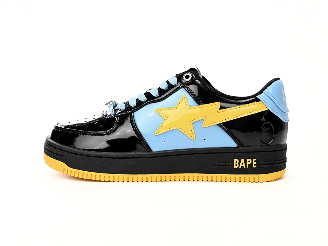 Two Tone Black Light Blue Gloss Patent Leather Low Top Platform Sneakers, Matching Yellow Stitched Star Graphic Black Cushioned Midsole Yellow Rubber Outsole Unisex Hip Hop Street Skate Daily Walking Trainers