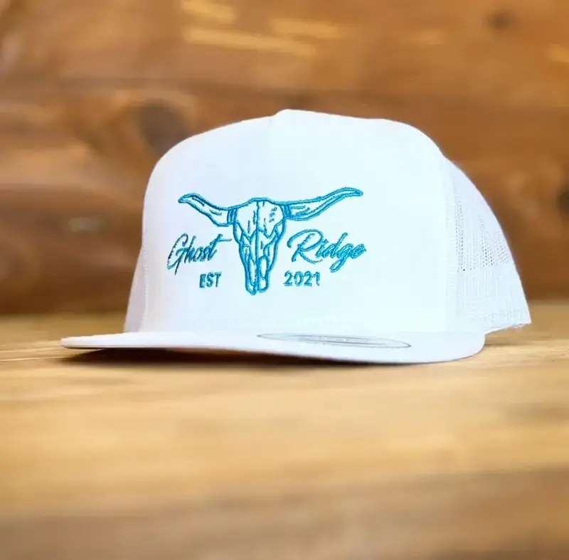 [COMBO 2 SAVE 60%] White Yupoong Classic 5 Panel Bull Blue Stitching Longhorn Skull Western Cowboy Hat Flat Bill Mesh Back Adjustable Ranch Rodeo Country Western Hat for Men Women Outdoor Casual Gift