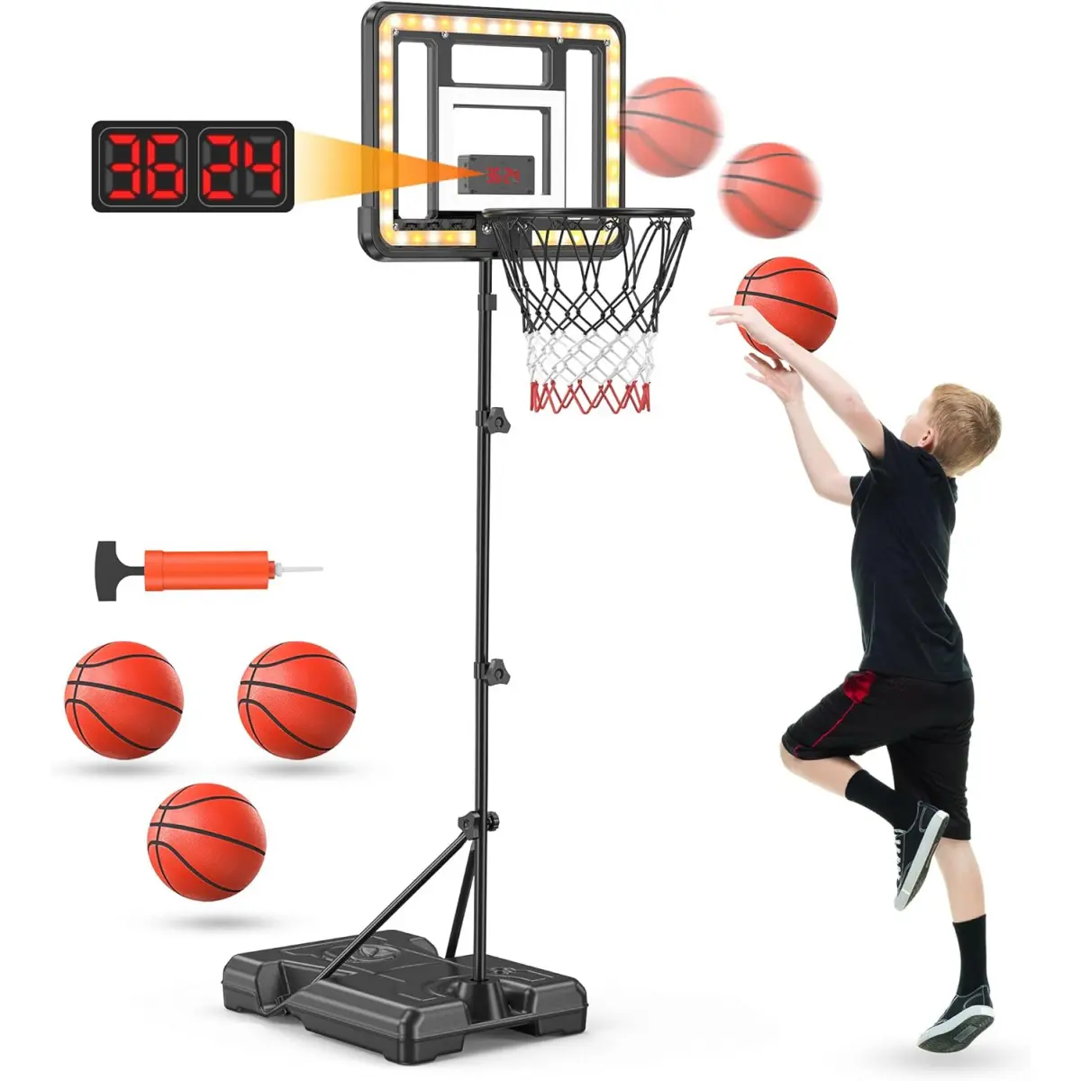 Parent-Child Interactive Indoor Basketball Hoop – Cool Gifts for Kids 3-8 Years, Adjustable Height 2.9ft-5.9ft, LED Scoreboard, Voice System, Wireless Remote Control, Portable Safe Black Sports Toy, Basket Ball Hoop