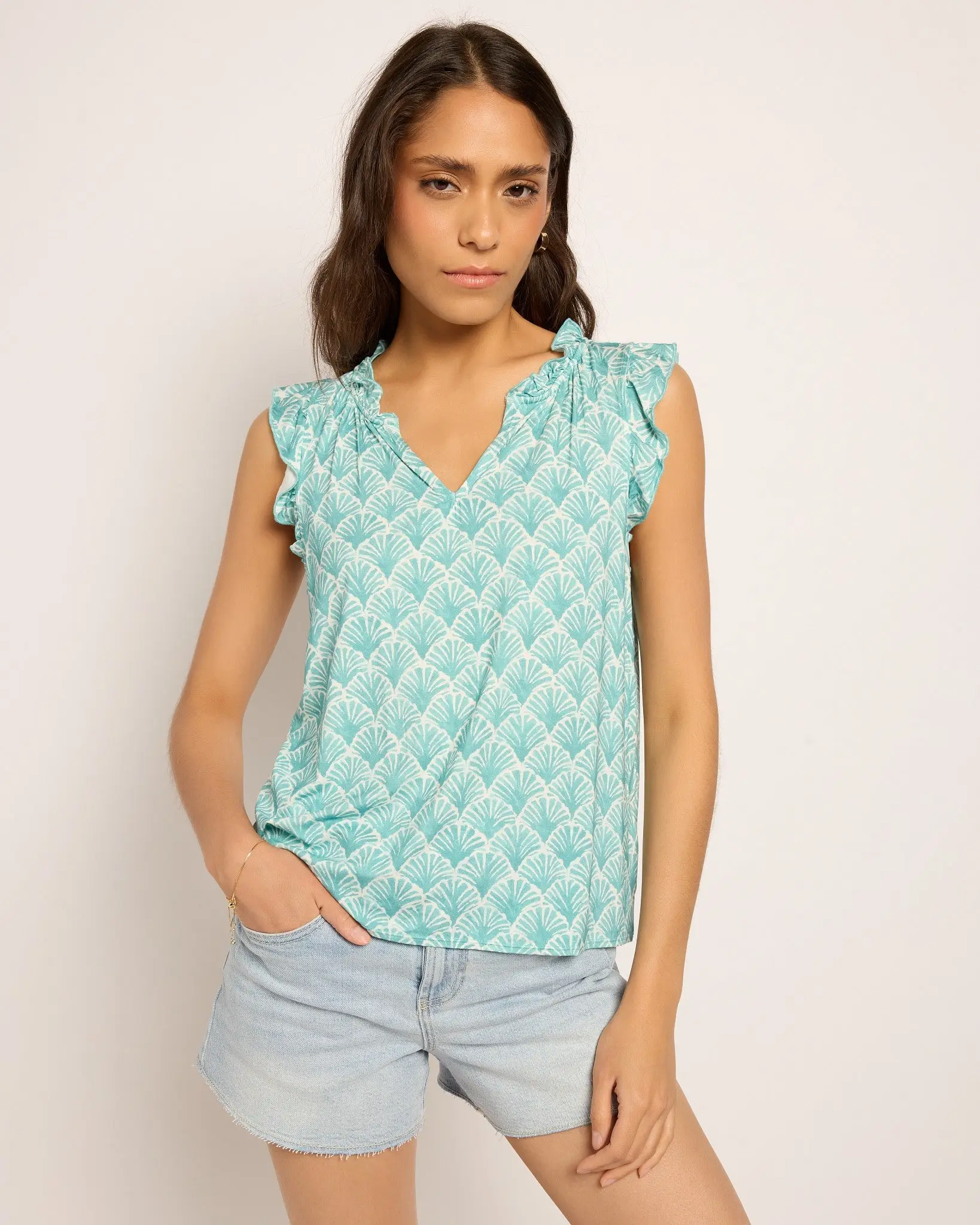 Women's Macy Slinky Feminine Modal Printed Ruffle Knit Blouse, Everyday Casual Top, Sleeveless