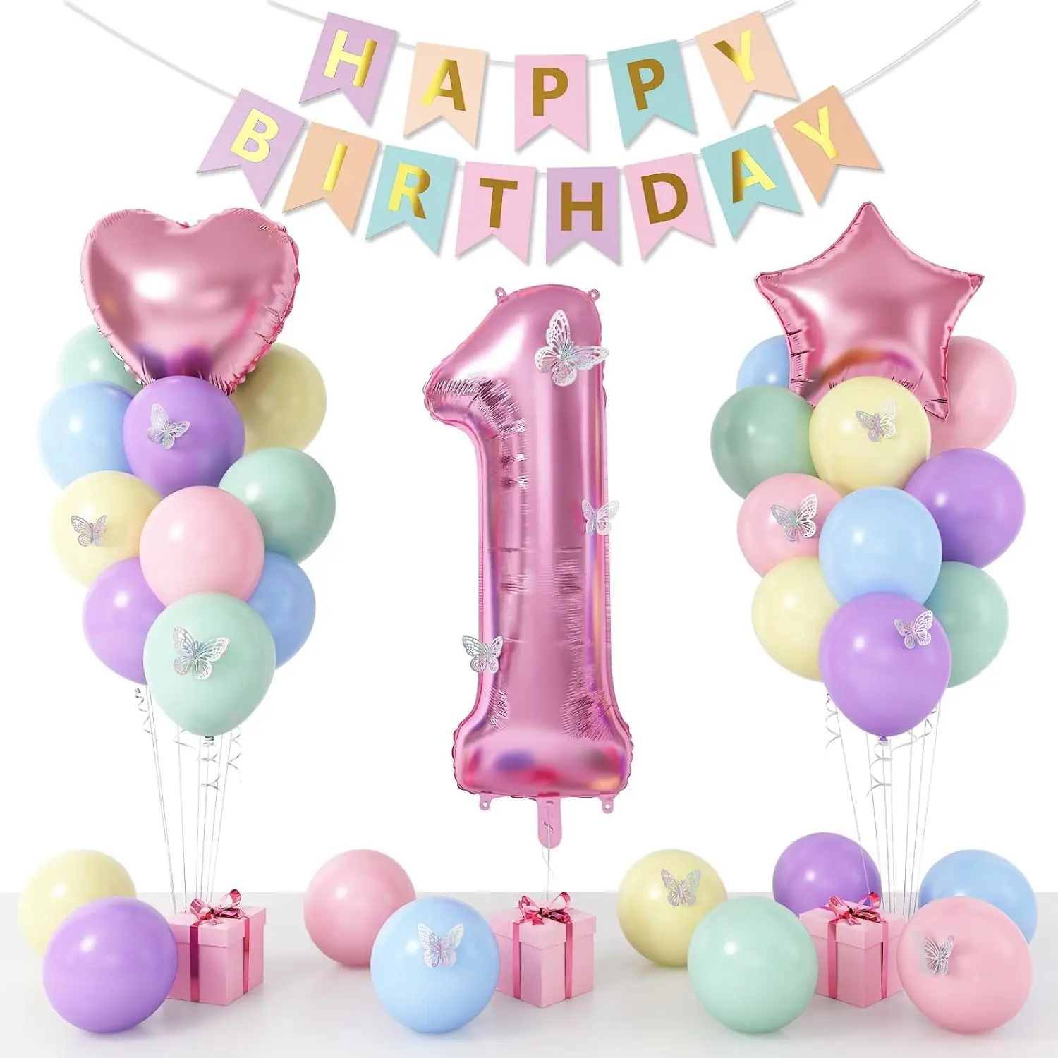 1st Birthday Decoration for Girls, Pastel Macaron 1st Birthday Balloon, Pink Number 1 Balloon with Butterfly Stickers, Star Heart Foil Balloons Banner Set for 1 Year Old Birthday Party Decor
