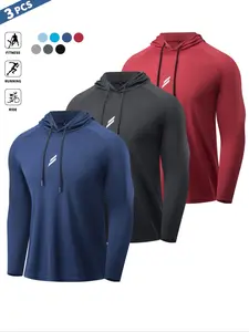 Men's Long-Sleeve Hooded Sports T-Shirt Set, Breathable Sweat-Wicking Fabric Reflective Chest Logo Gym Sport Hoodies, Ideal for Gym， Running and Cycling, Athletic Tops, Fitted Design Activewear, Fitness Training Clothes