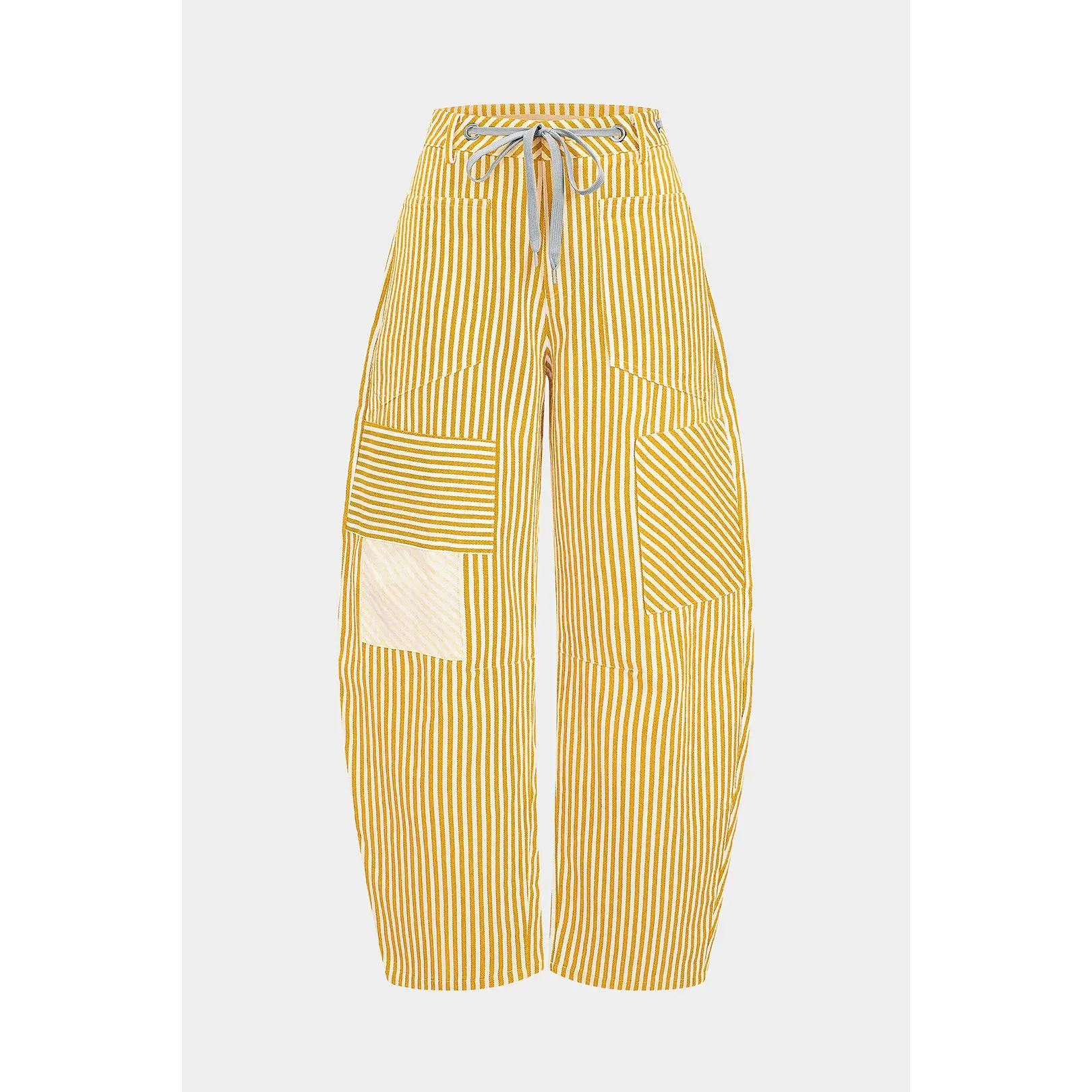 Women's Stripe Print Barrel Pants - 100% Cotton Twill Cloth, Loose Fit, Drawstring Waist, Pockets for Daily Wear