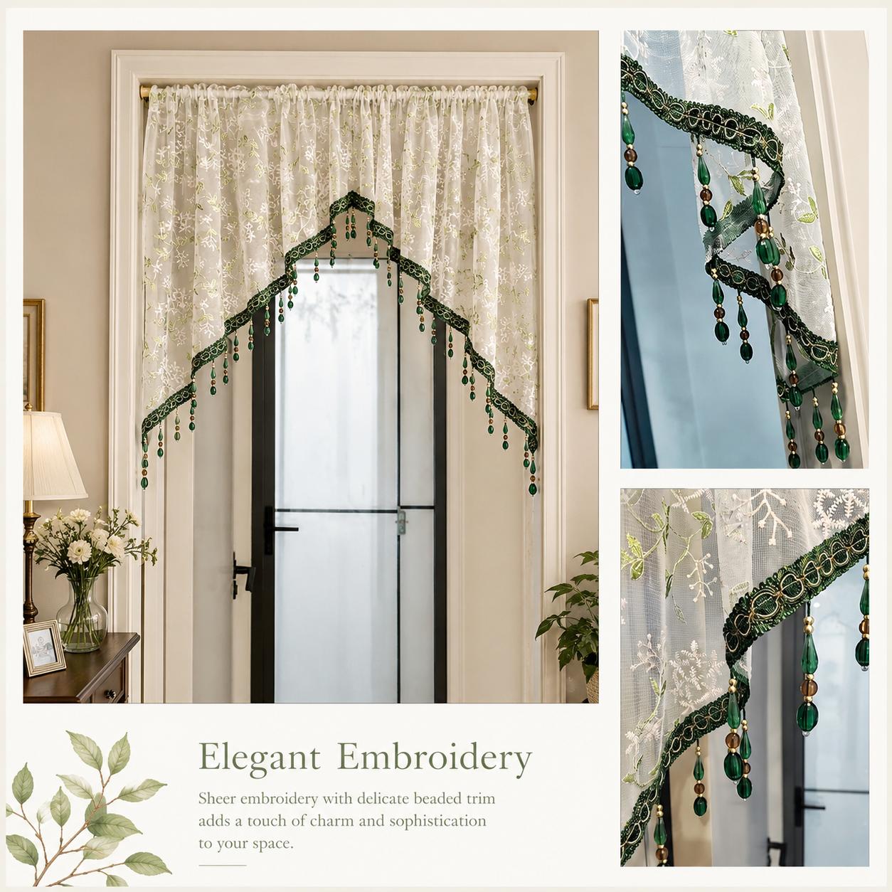 No-drill floral embroidered door curtains, beaded lace curtains perfect for renters' bedrooms, and room dividers that won't damage walls—all beautiful room decorations.