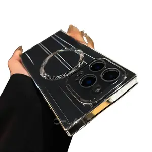 OYNOVEZHE Electroplated Square MagSafe Case for iPhone 13-16 Pro Max High-Definition Camera Protection Customized Shockproof Black Casing Protector Cover Smartphone Cellphone Protective