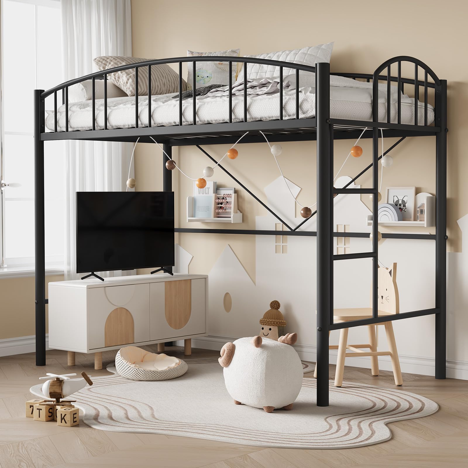 Loft Bed Twin Size, Heavy Duty Metal Loft Bed Frame with Arched Guardrail and Safety Ladder, Space-Saving, No Box Spring Needed, Modern BLack, easy in