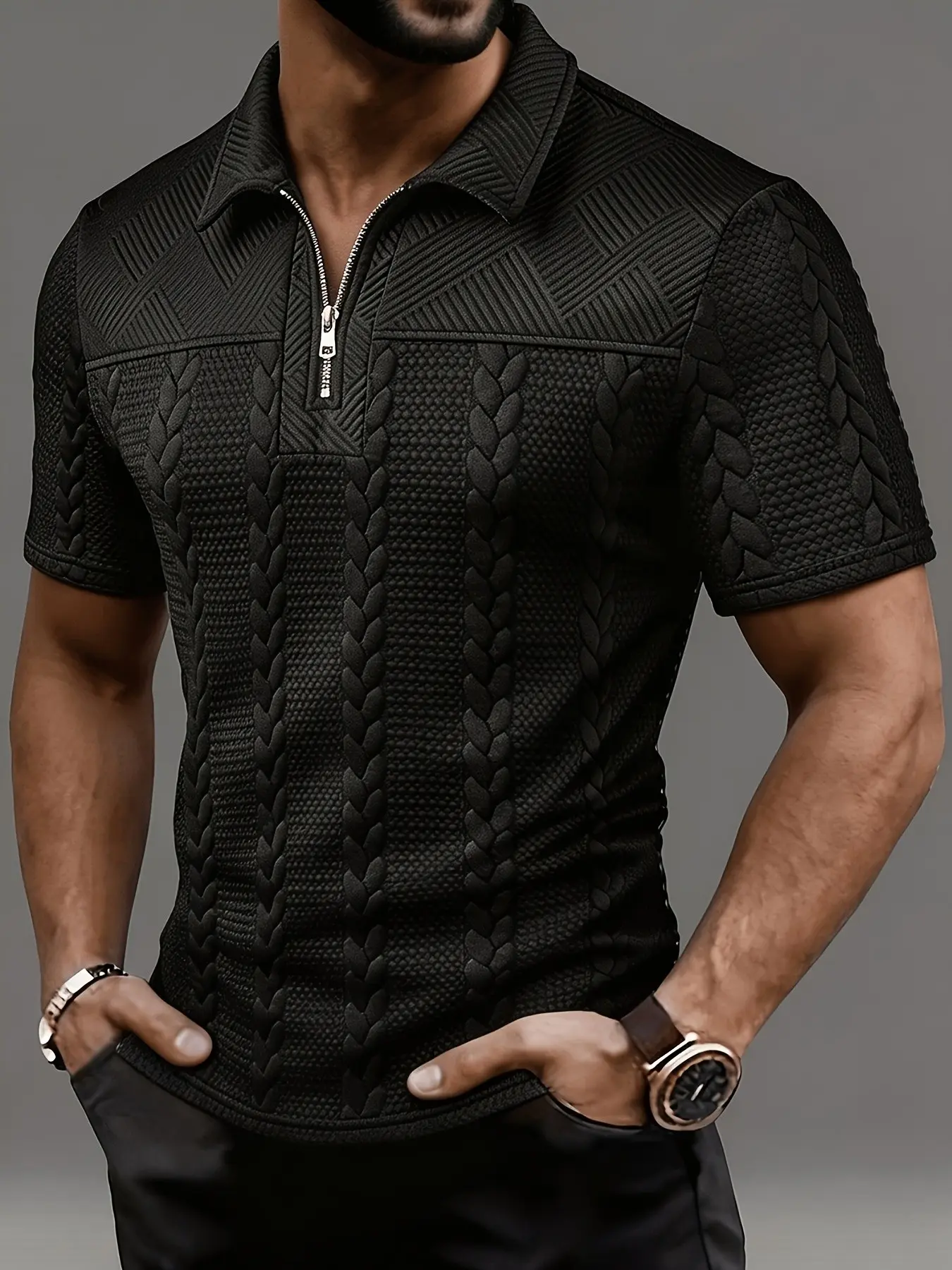 Rhombus Texture Zipper Polo Shirt, Lightweight Cool Style, Three-Dimensional Texture, Slim Fit, Daily Wear