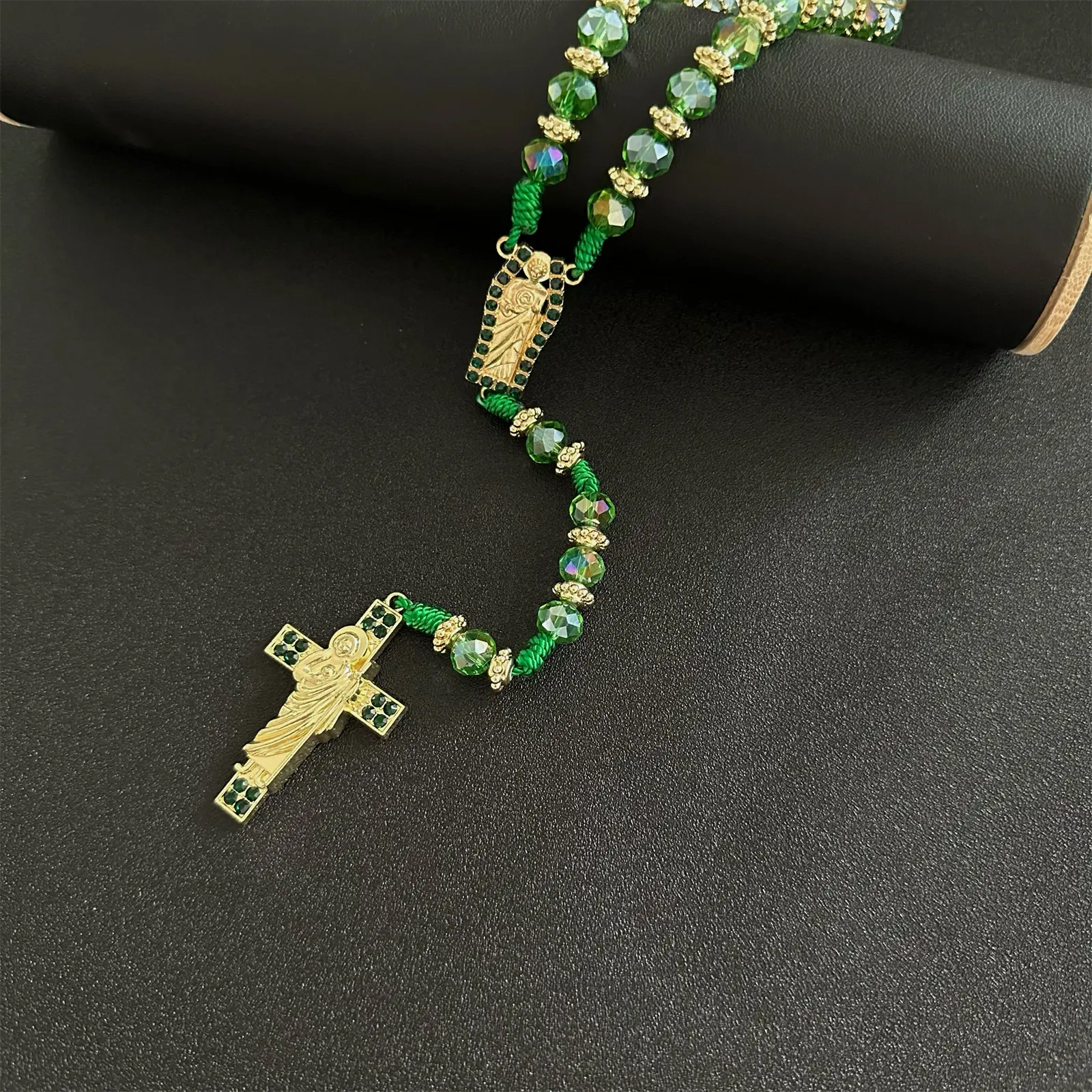 Handmade Rosary Necklace with Green Crystal Beads, Saint Jude & Virgin Mary Medals, Trendy Cross Pendant Jewelry for Men & Women, Trendy Necklace, Cross Necklace