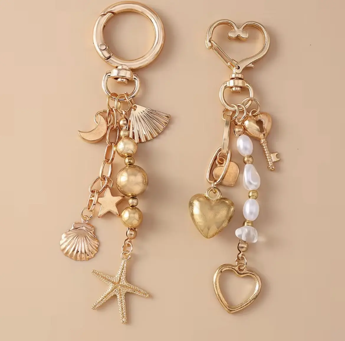 Gold Tone Stylish Keychain Bag Charm with Durable Steel Ring - Starfish & Moon or Pearl Heart Design, Unisex Fashion Accessory for Bags, Gifts for Boyfriend