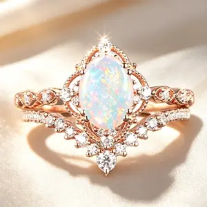 2-Piece Set Elegant Oval Synthetic Opal & Cubic Zirconia Couple Wedding Rings with Lace Crown Design - Engagement Party Bridal Jewelry & Valentine's Day Promise Gift